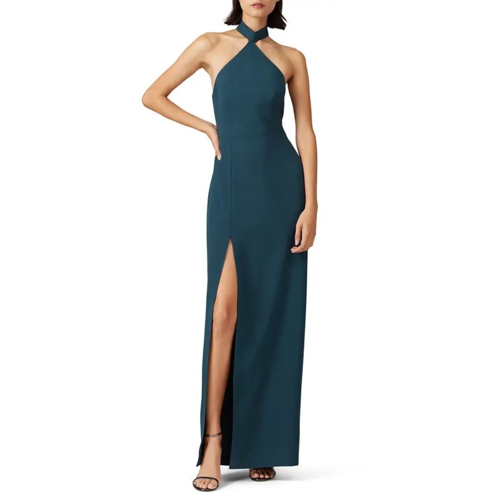 Amanda Uprichard Queen crepe halter dress gown olive green sz M 6  Revolve